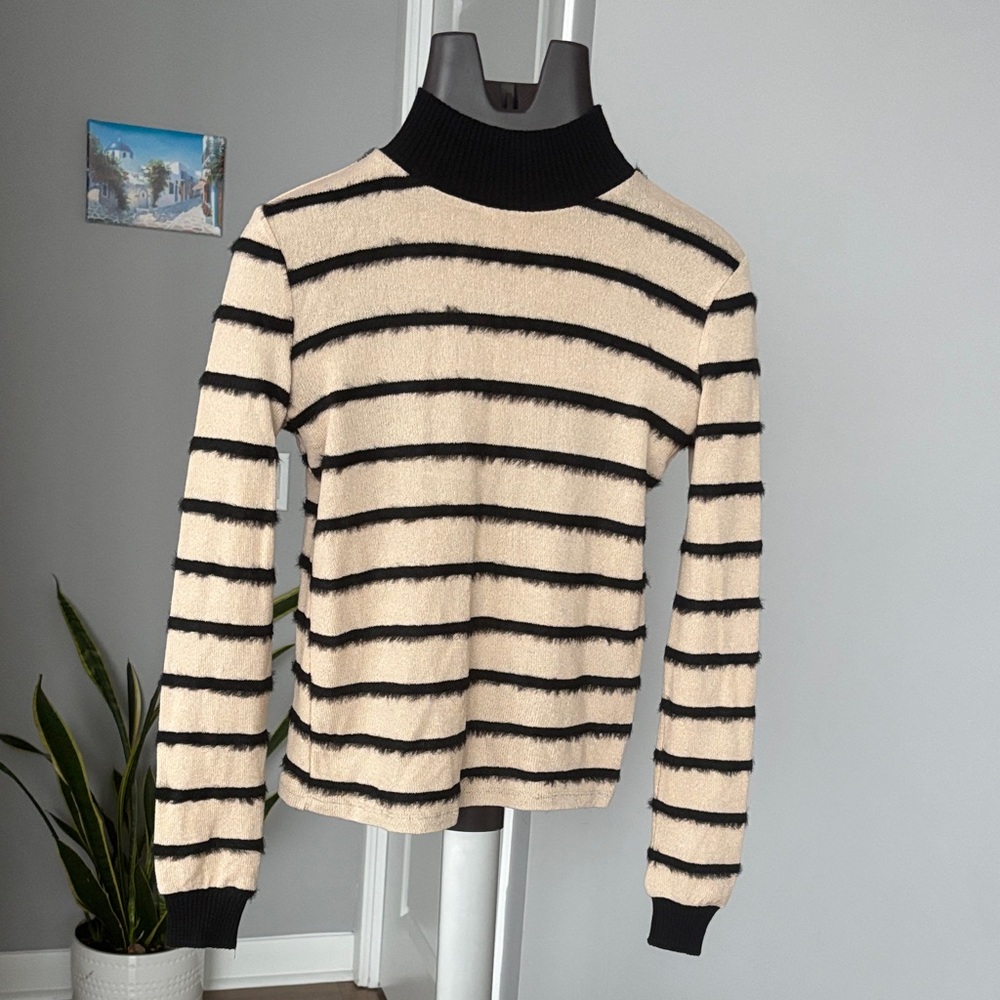 Zara Black and Cream Striped Turtleneck Sweater